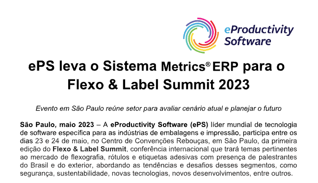 ePS leva o Sistema Metrics ® ERP para o Flexo & Labels Summit 2023